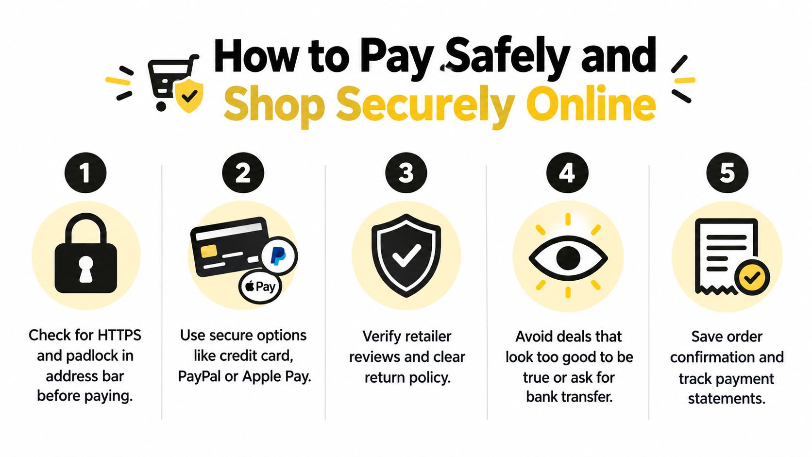 A five-step instructional graphic showing how to pay safely and shop securely online with icons.