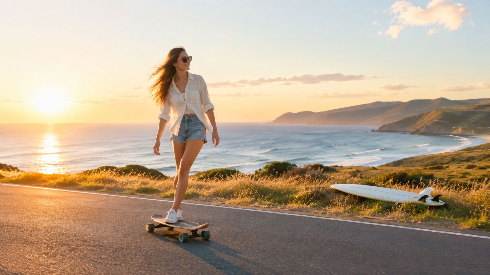 A young woman enjoying a sunset ride on her longboard skateboard along a scenic coastal road.