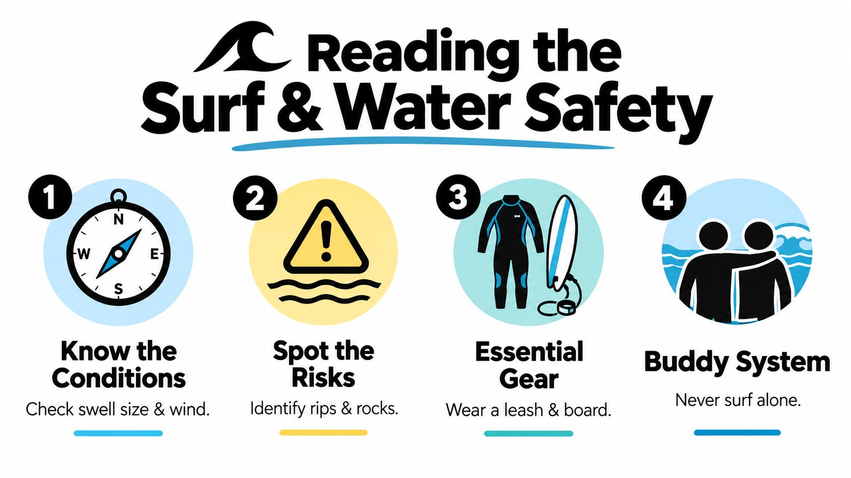 An educational graphic titled Reading the Surf and Water Safety showing four steps for surfing safety.
