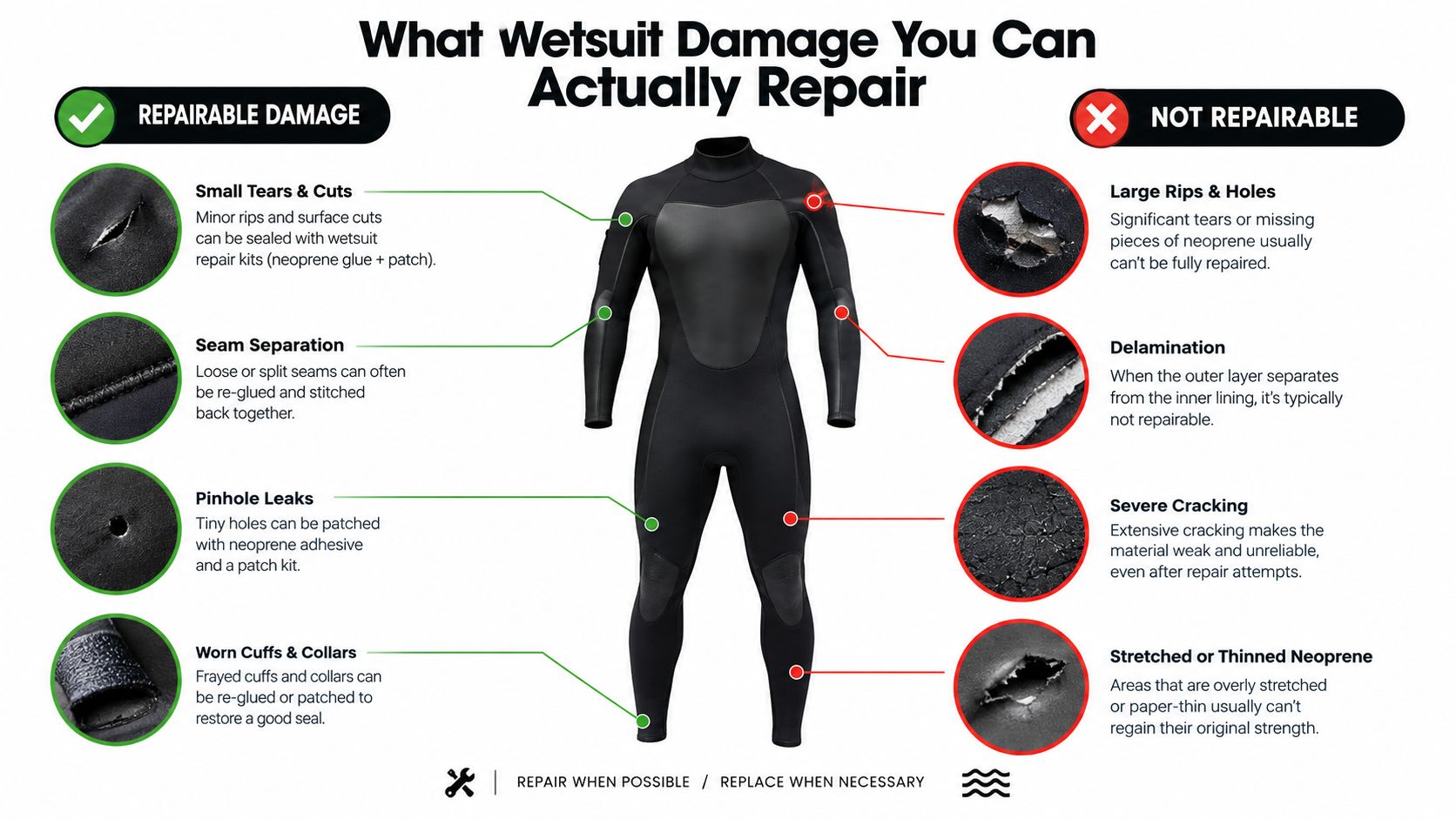 An infographic showing examples of wetsuit damage that can be repaired and types that cannot be repaired.