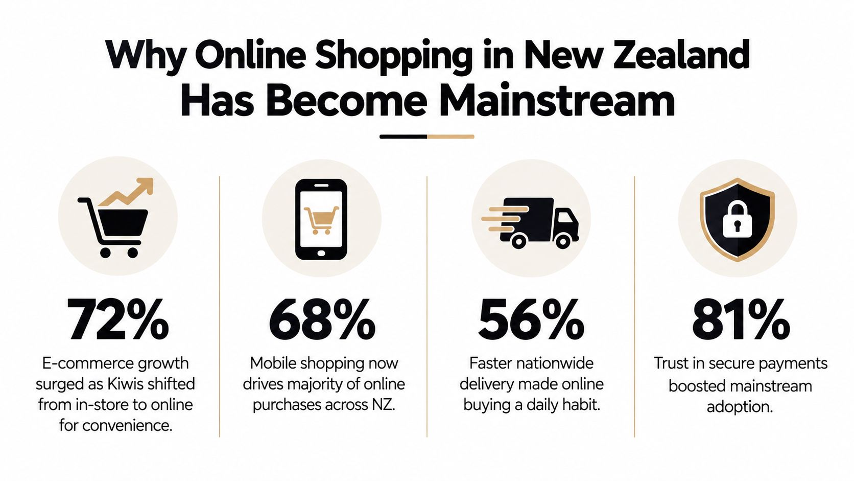 An infographic showing four key factors driving the growth of mainstream online shopping in New Zealand.