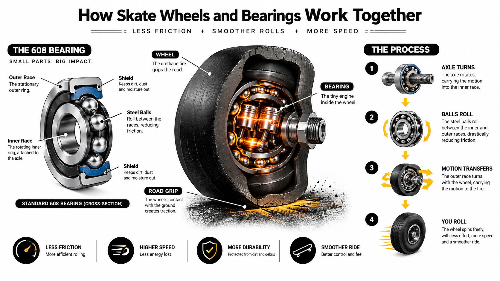 A detailed cross-section diagram showing how skate wheels and 608 bearings work together to reduce friction.
