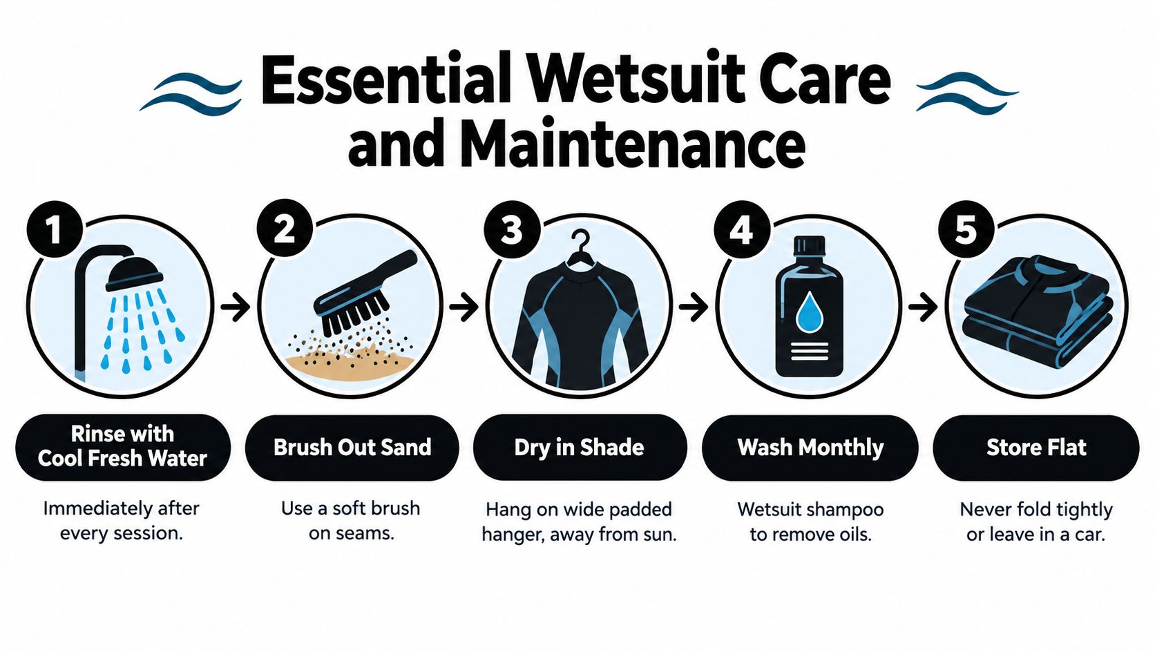 A step-by-step infographic illustrating essential care and maintenance tips for a wetsuit to ensure durability.