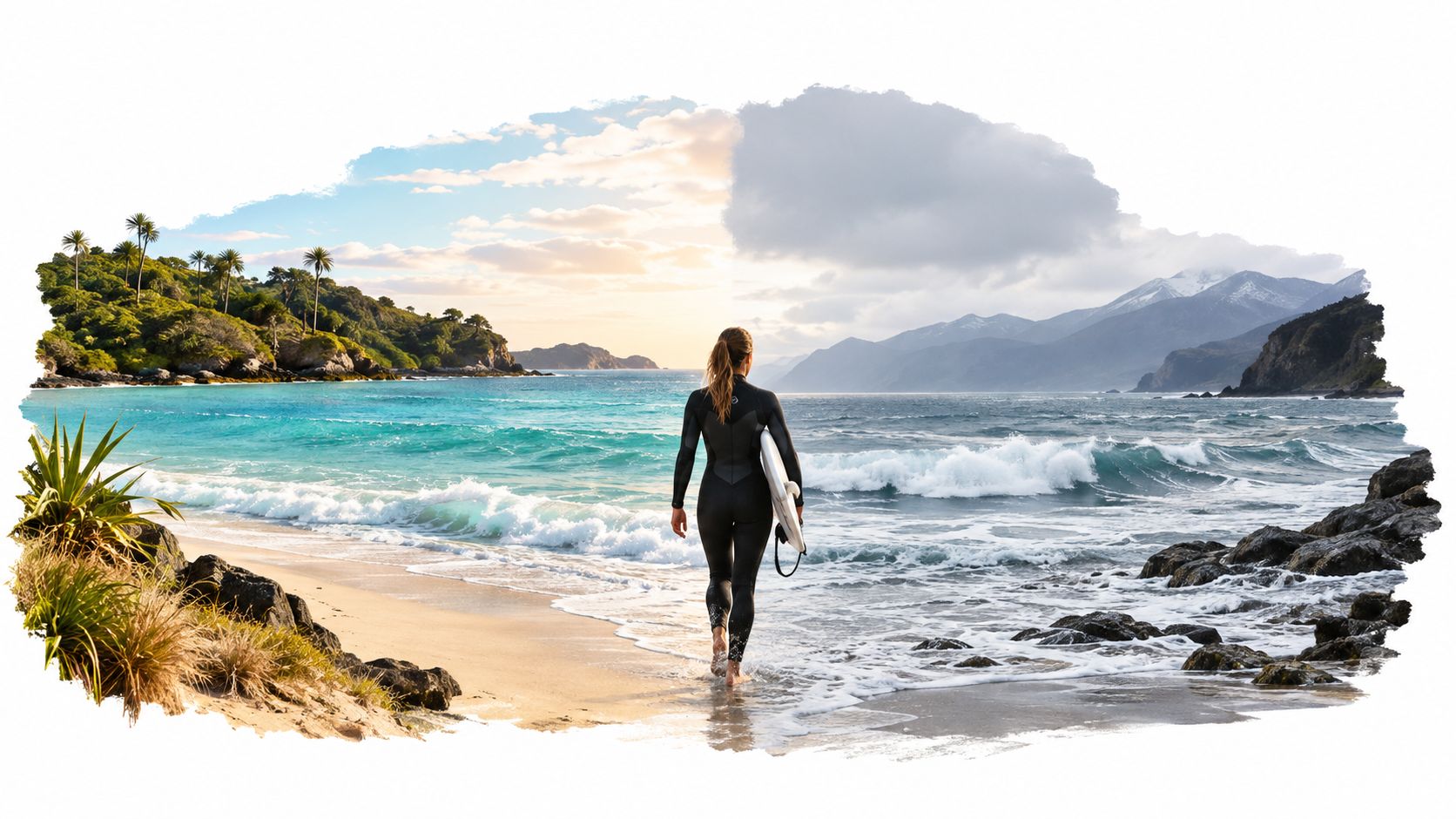 A surfer woman in a wetsuit walks toward the ocean with a surfboard on a New Zealand beach.