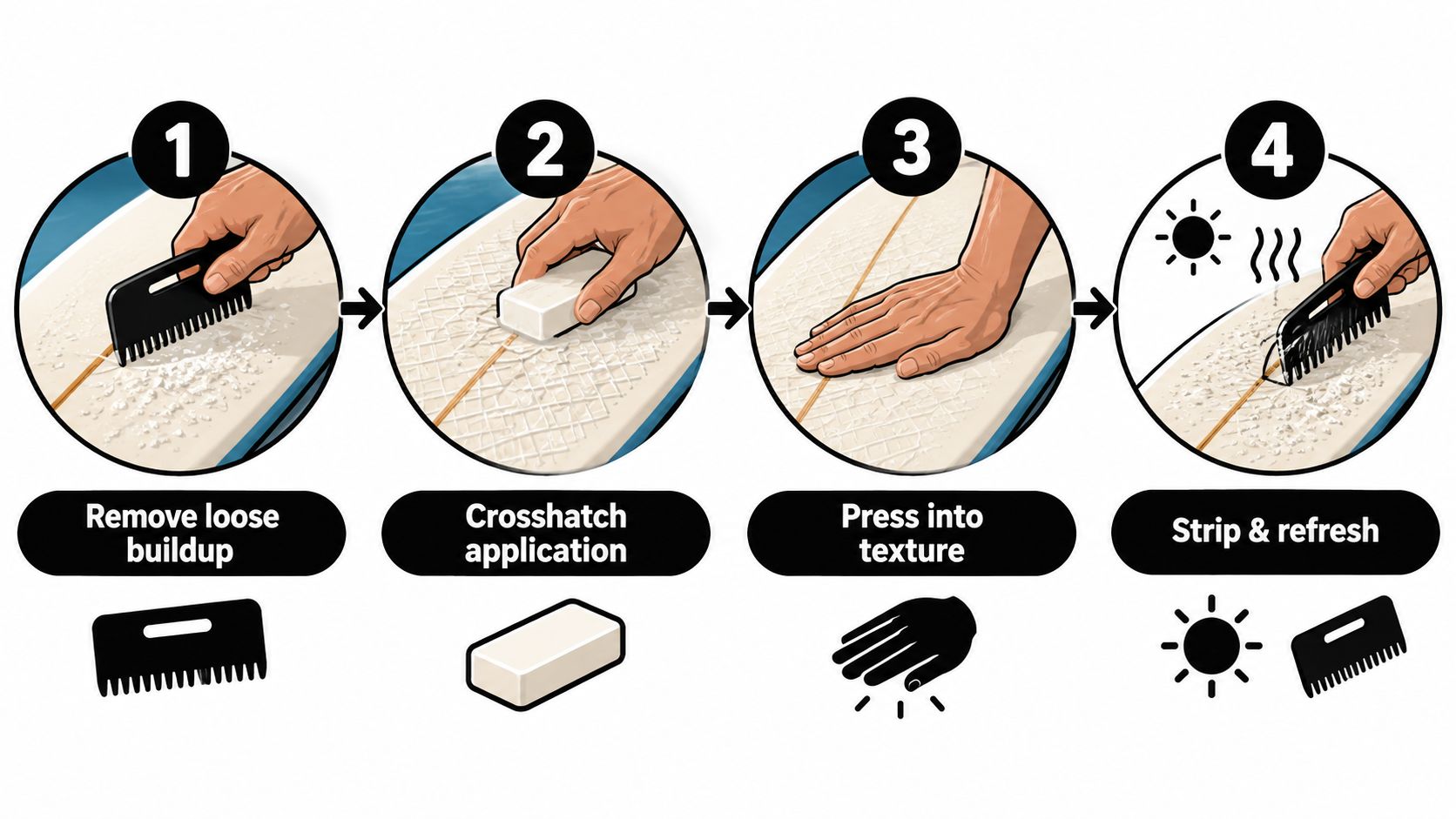 A four-step illustrated guide demonstrating how to apply and refresh wax on a surfboard.