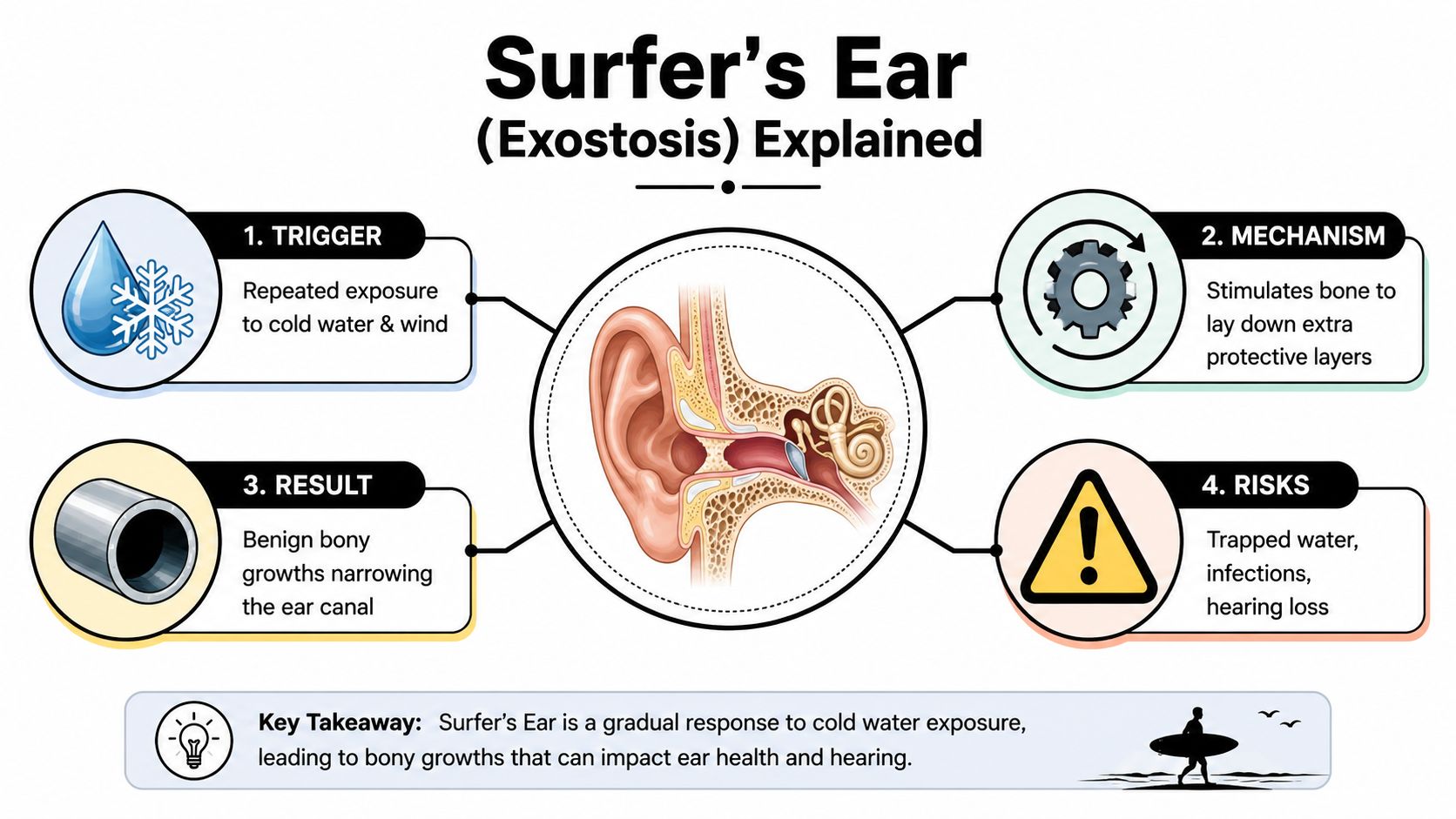 A diagram explaining Surfer's Ear, showing the causes, physiological mechanism, results, and risks of the condition.