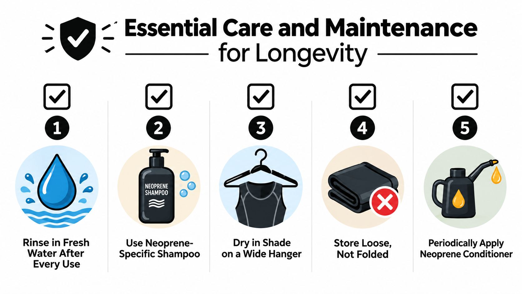 An infographic detailing five essential maintenance steps for properly caring for and extending the life of wetsuits.