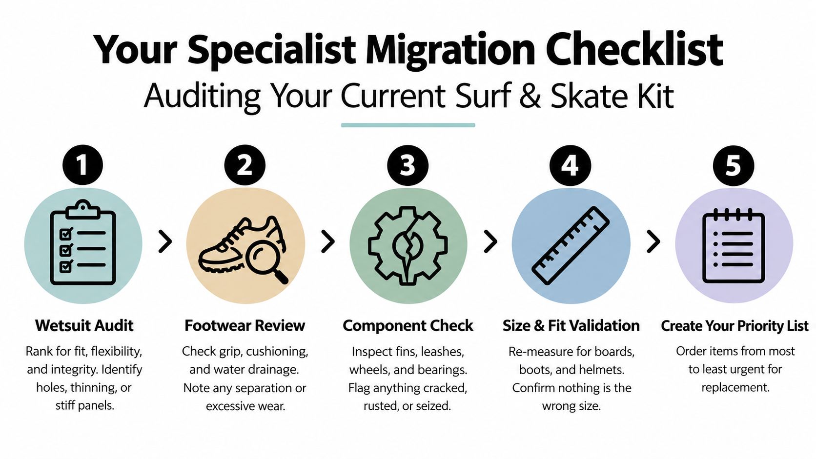 A five-step checklist for auditing surf and skate equipment, including wetsuit, footwear, component, and size checks.