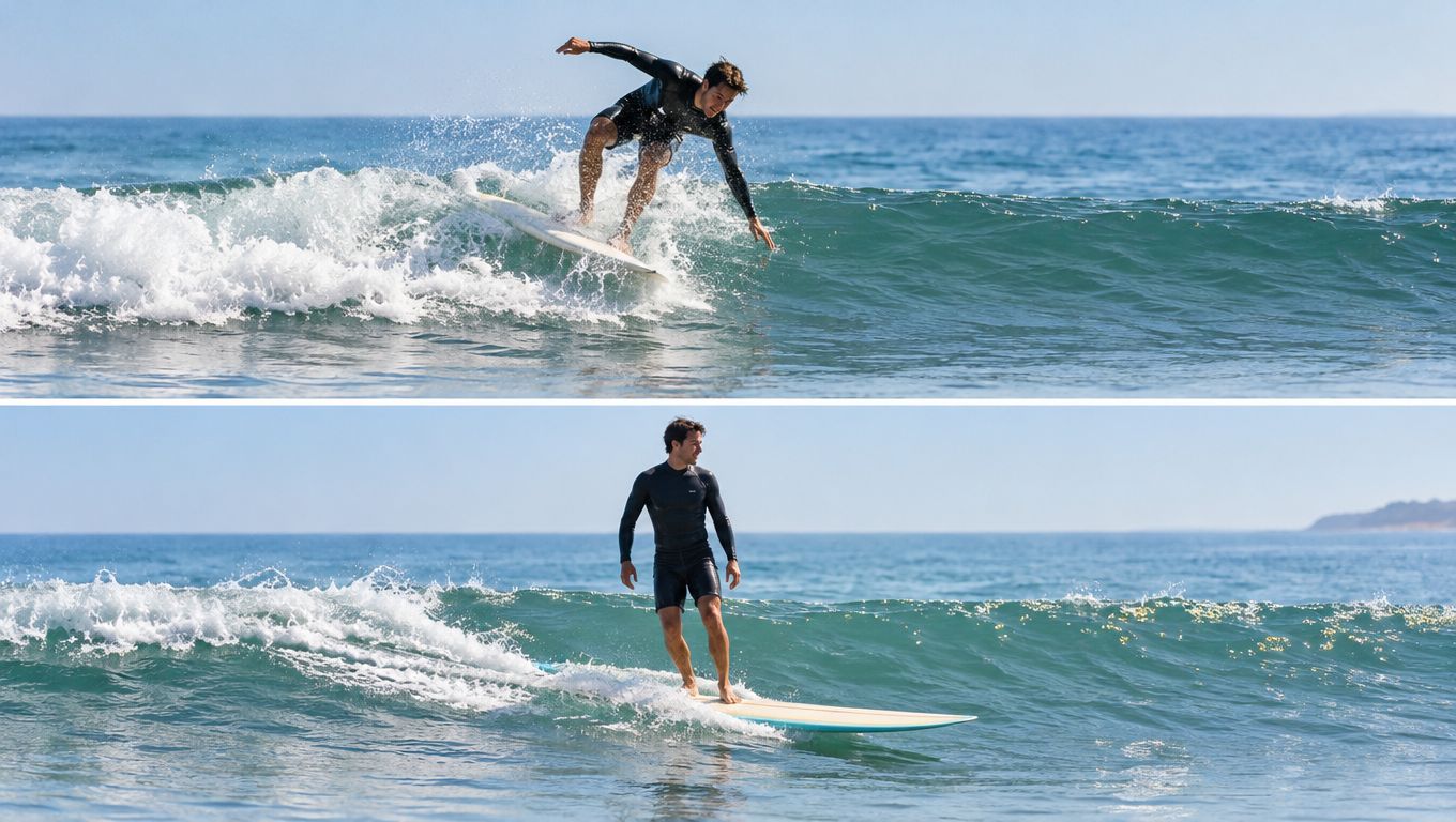 A split image showing a male surfer riding a wave on a longboard and a short surfboard.