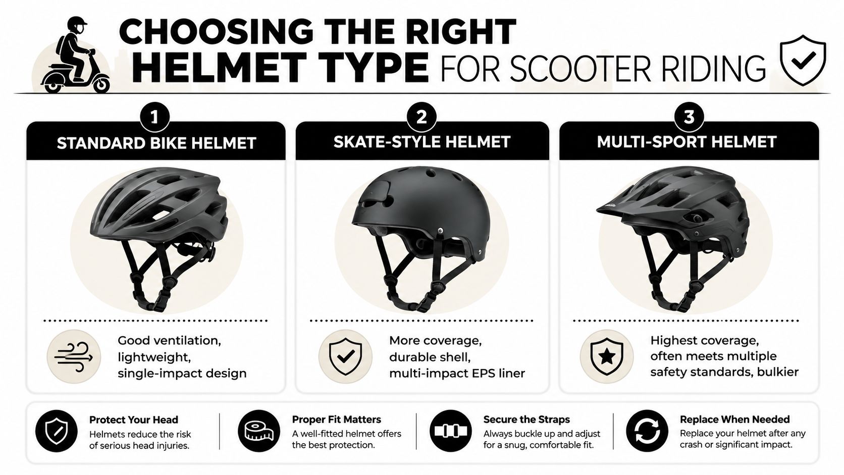 An infographic showing three types of scooter helmets: standard bike, skate-style, and multi-sport with safety tips.