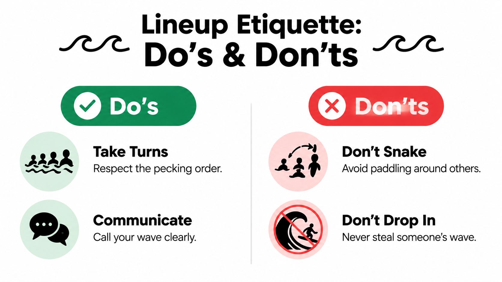 An infographic showing surfing lineup etiquette rules with do's and don'ts for beach and ocean safety.