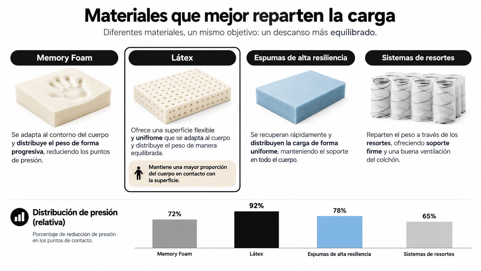 Comparativa de materiales para colchones mostrando su eficacia en la distribución del peso y presión corporal.