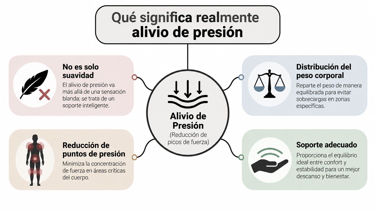 Infografía sobre el alivio de presión al dormir, mostrando cómo se distribuye el peso corporal y soporte.