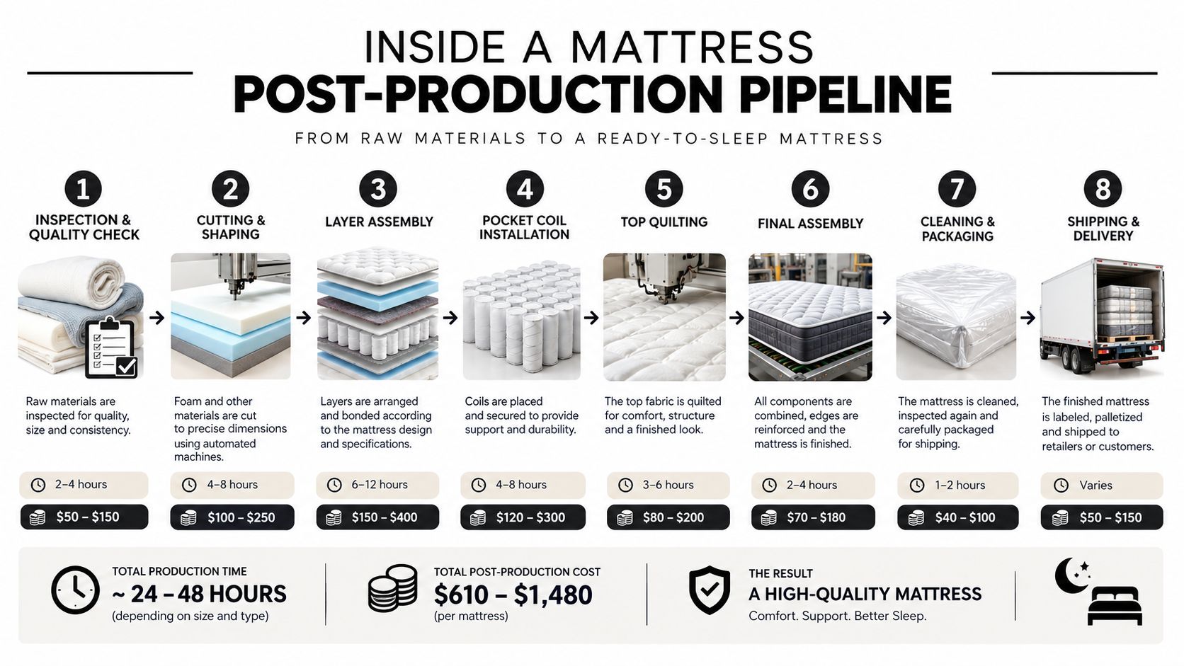 An infographic showing the eight steps of a mattress post-production pipeline from raw materials to delivery.