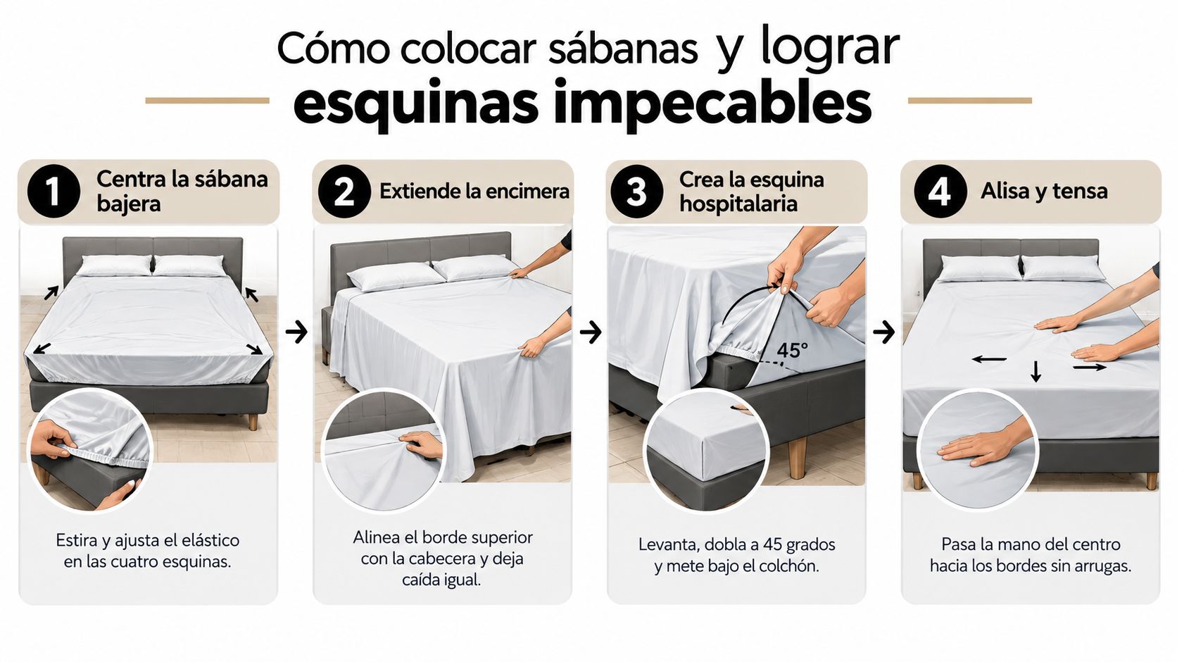 Una guía paso a paso ilustrada que explica cómo colocar correctamente las sábanas para lograr esquinas impecables.