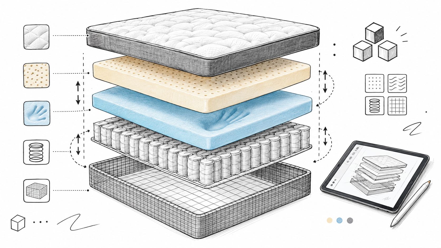 A detailed 3D exploded view illustration of a multi-layer hybrid mattress used in an interactive product configurator.