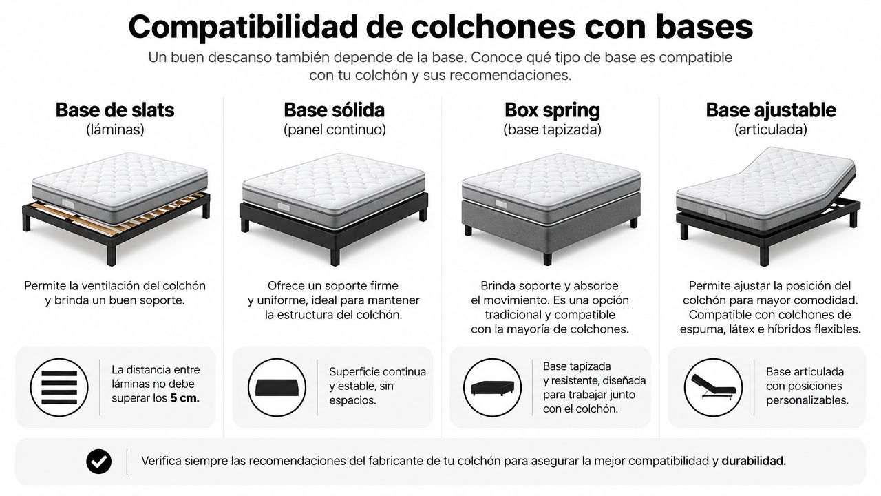 Infografía mostrando los diferentes tipos de bases para colchones, incluyendo láminas, sólidas, box spring y ajustables.