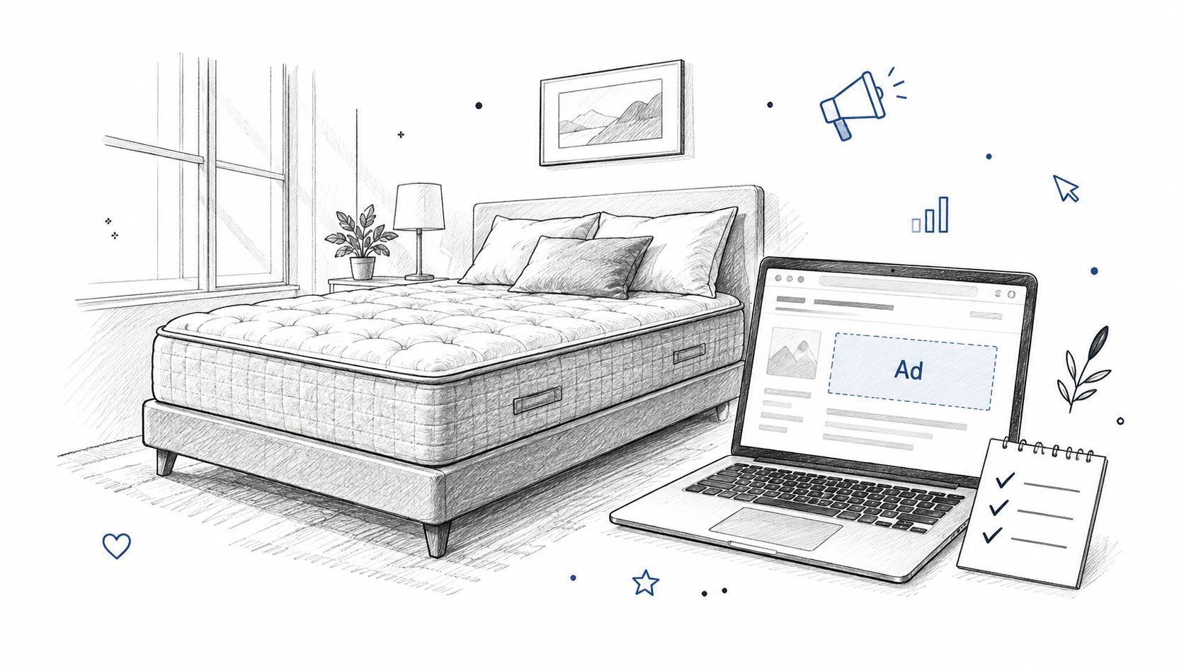 A conceptual sketch showing a bedroom with a mattress and a laptop displaying an online advertisement.