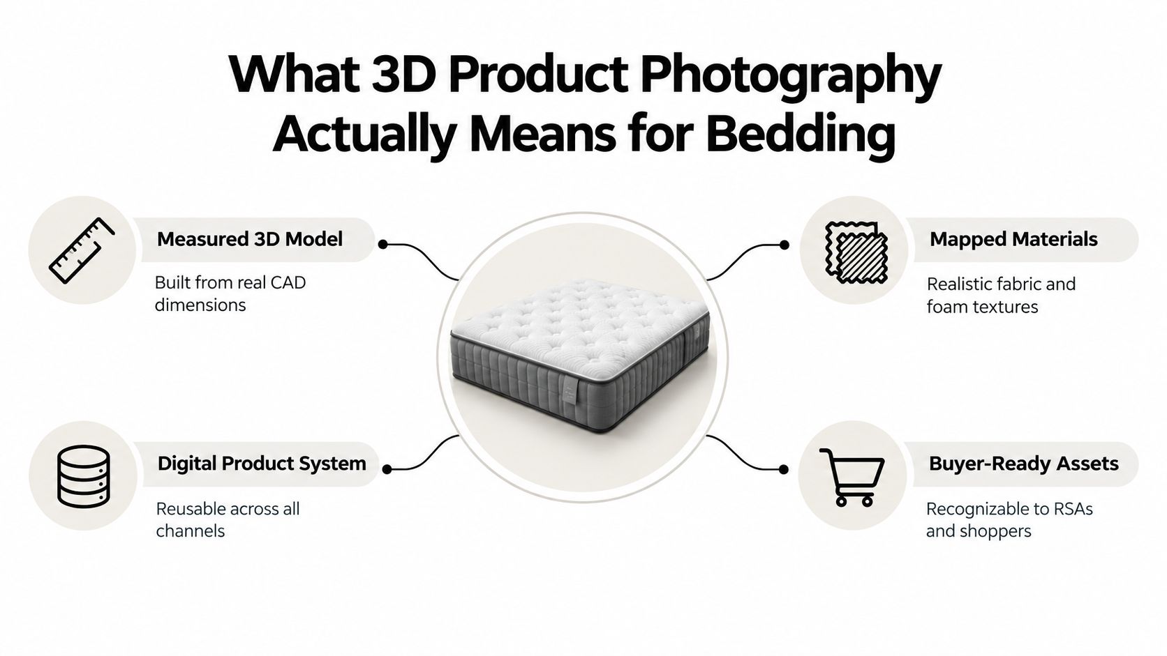 A diagram illustrating the four key components of 3D product photography for bedding mattresses.