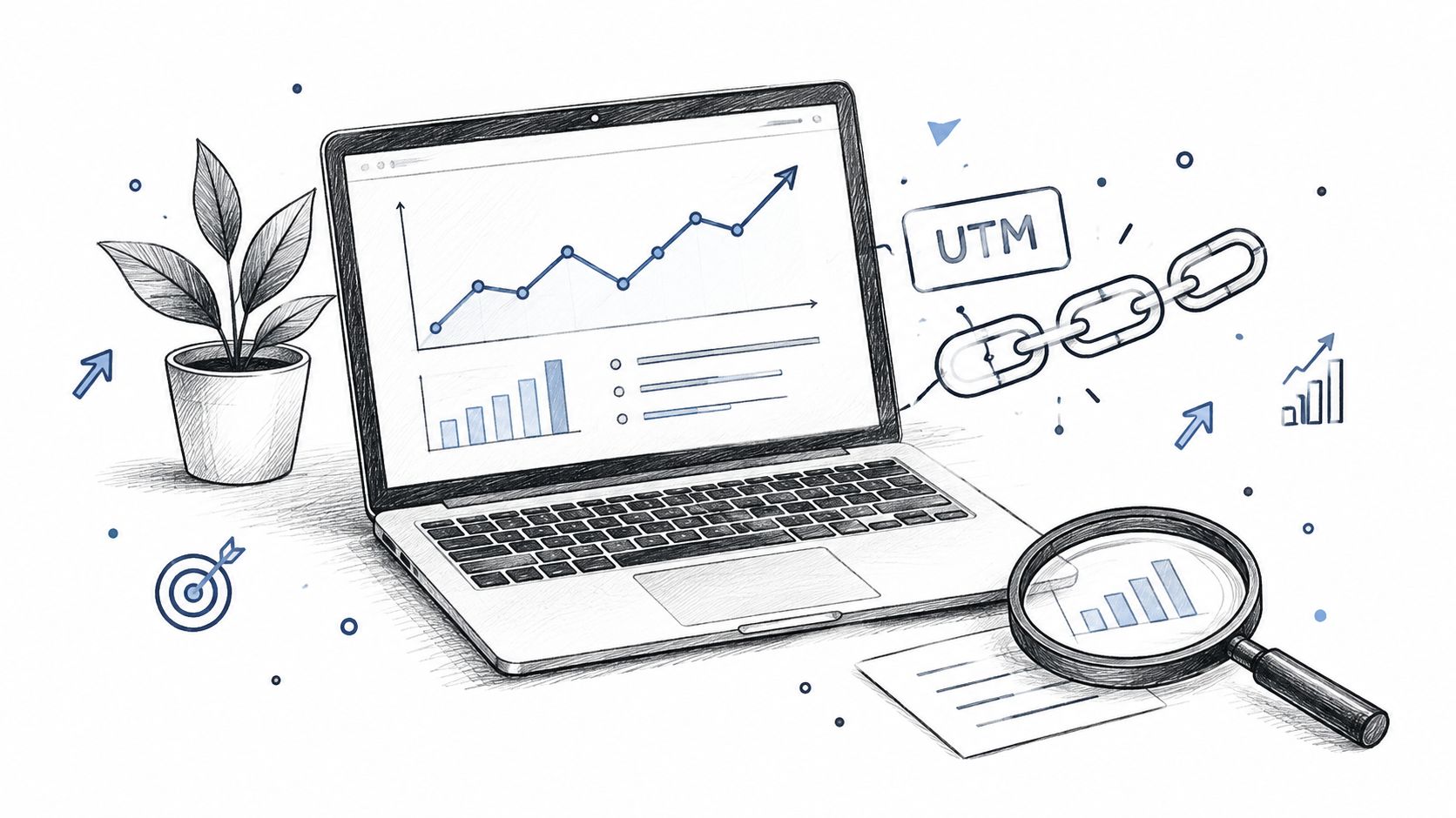 A sketched illustration of a laptop with performance charts, a magnifying glass, and UTM tracking link symbols.