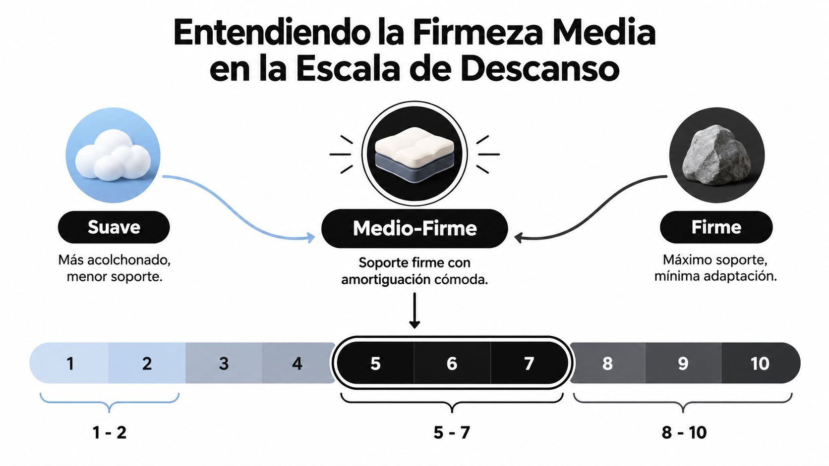 Infografía sobre la escala de firmeza de los colchones, desde suave hasta firme, destacando el rango medio.