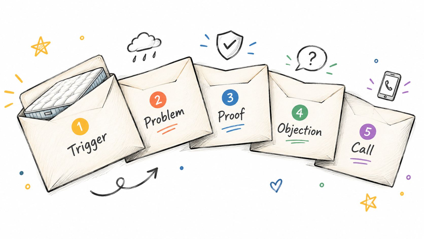 A five-step diagram showing an email marketing strategy with an envelope and icon for each stage.