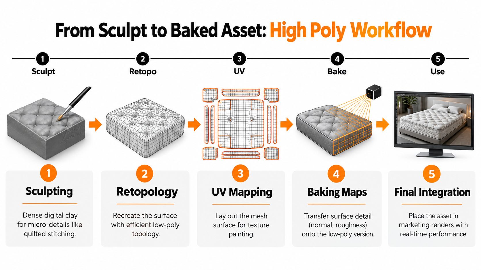 A diagram illustrating the five-step high poly workflow for creating 3D assets from sculpting to final integration.