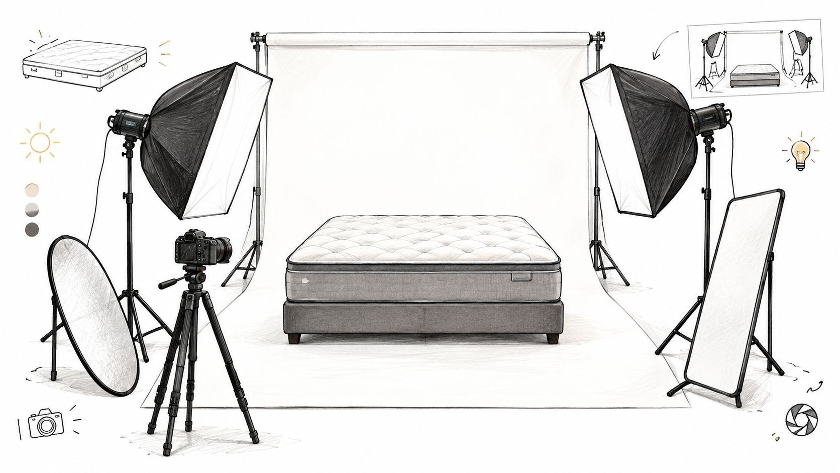 A professional product photography setup featuring a mattress being photographed in a studio with lights and camera.