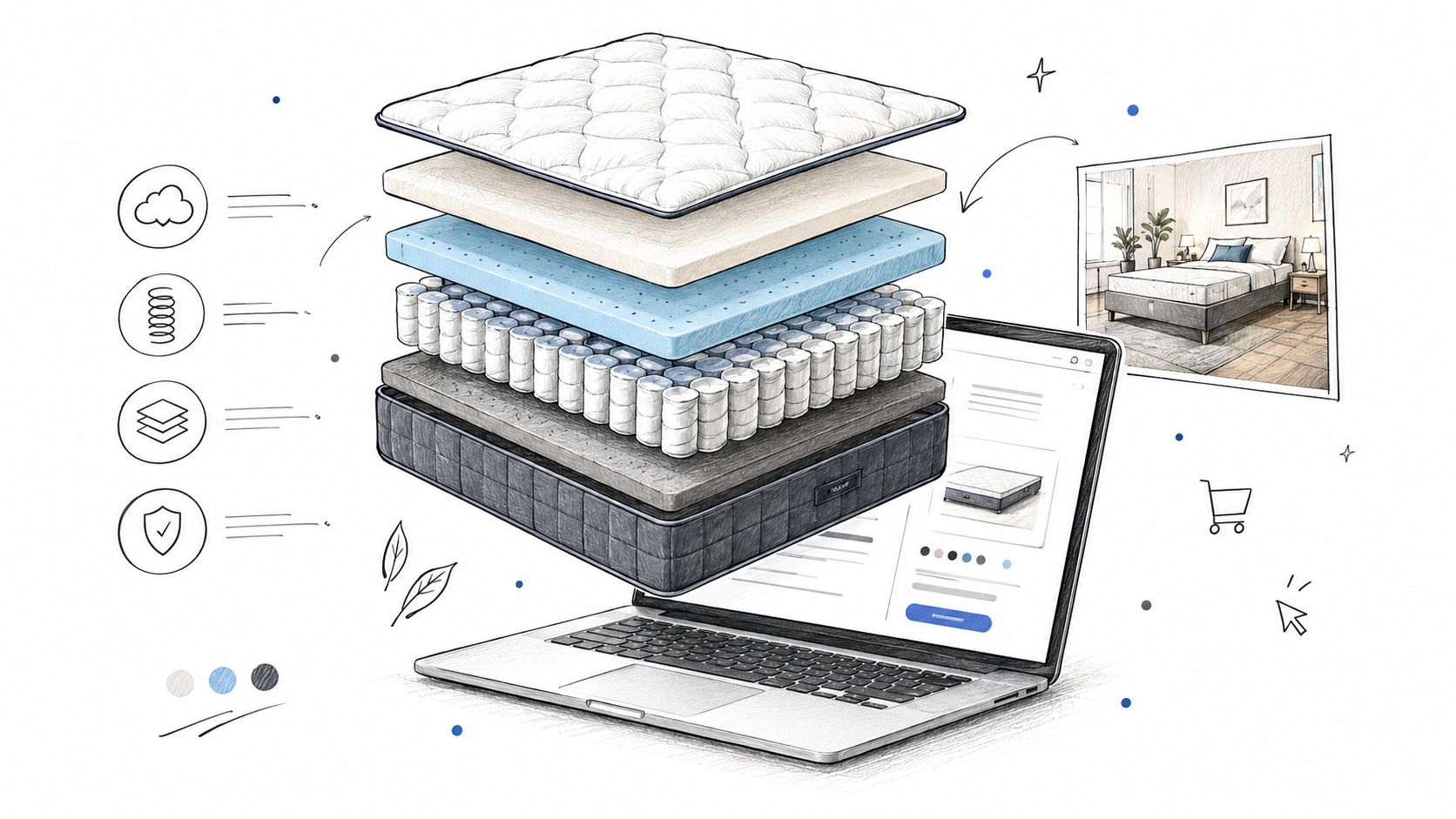 A digital illustration showing the multi-layer construction of a mattress appearing from a laptop screen for online shopping.