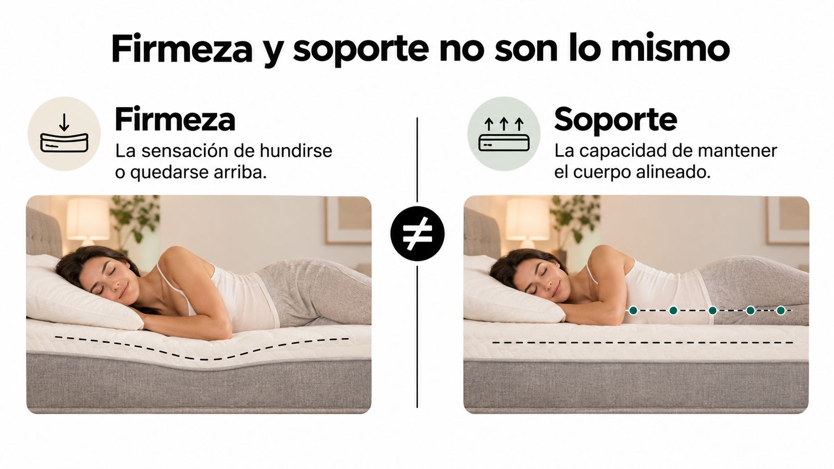 Comparativa entre firmeza y soporte de un colchón con una mujer durmiendo en dos posiciones diferentes.