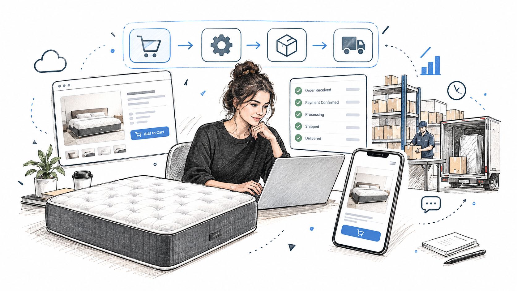 A woman working on her laptop managing mattress sales with real-time order tracking and warehouse logistics visualization.