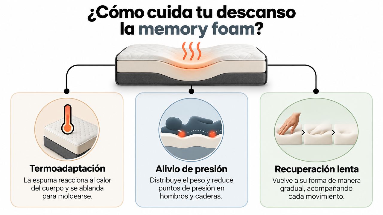 Diagrama educativo sobre las propiedades de la espuma viscoelástica para el descanso, incluyendo termoadaptación, alivio de presión y recuperación.