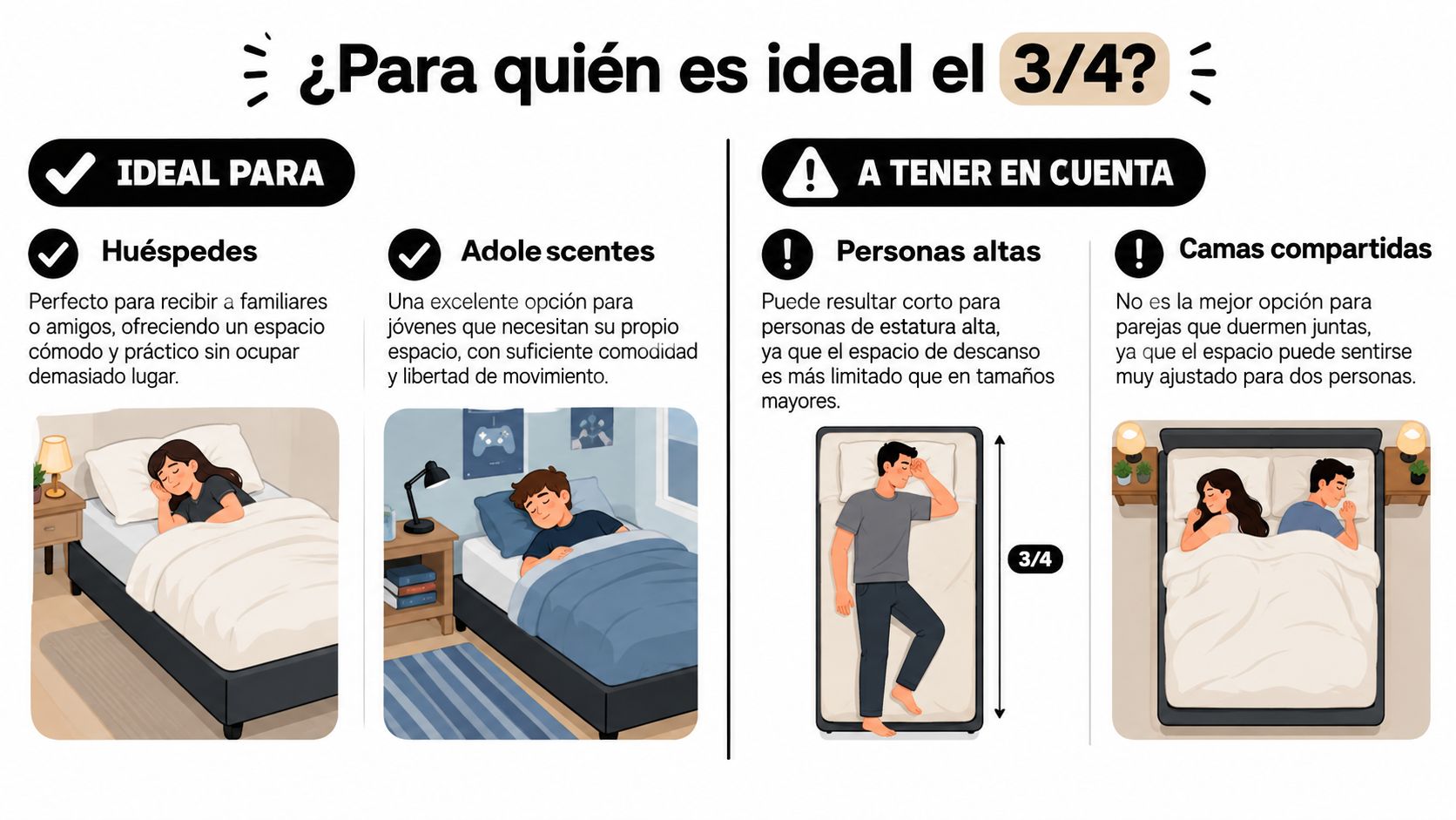 Infografía sobre el uso ideal de un colchón tamaño 3/4 para huéspedes, adolescentes, personas altas y parejas.