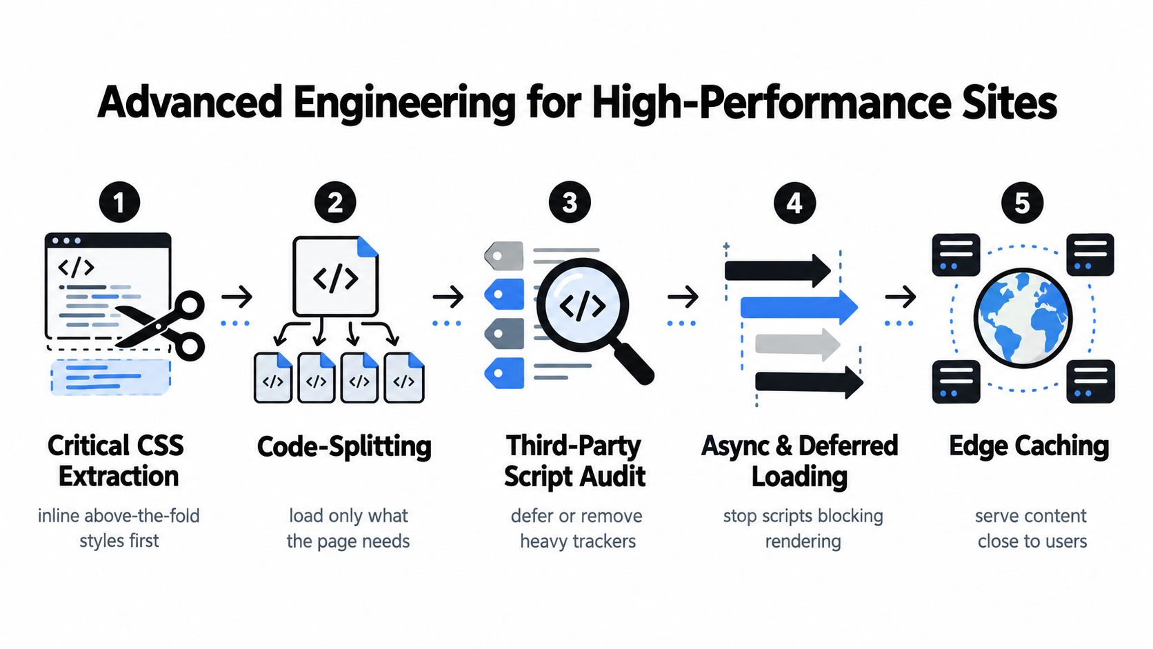 A diagram illustrating five advanced engineering steps to improve website performance and page load speed.