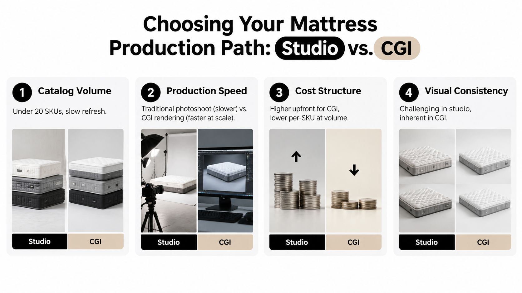 A comparative chart showing the advantages of choosing studio photography versus CGI for mattress product content production.