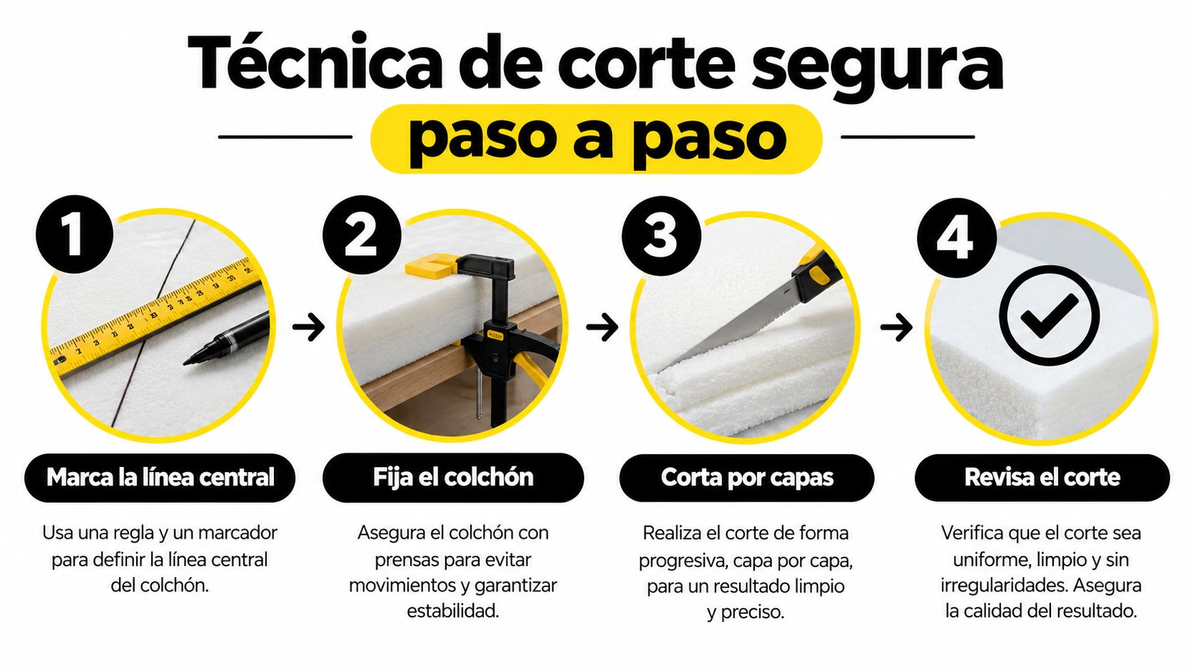 Infografía paso a paso que muestra cómo cortar un colchón de espuma de forma segura y precisa.