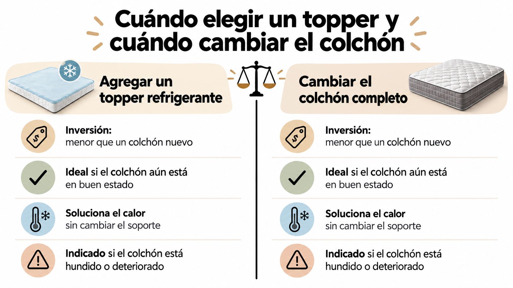Infografía comparativa que ayuda a decidir entre comprar un topper refrigerante o un colchón nuevo completo.