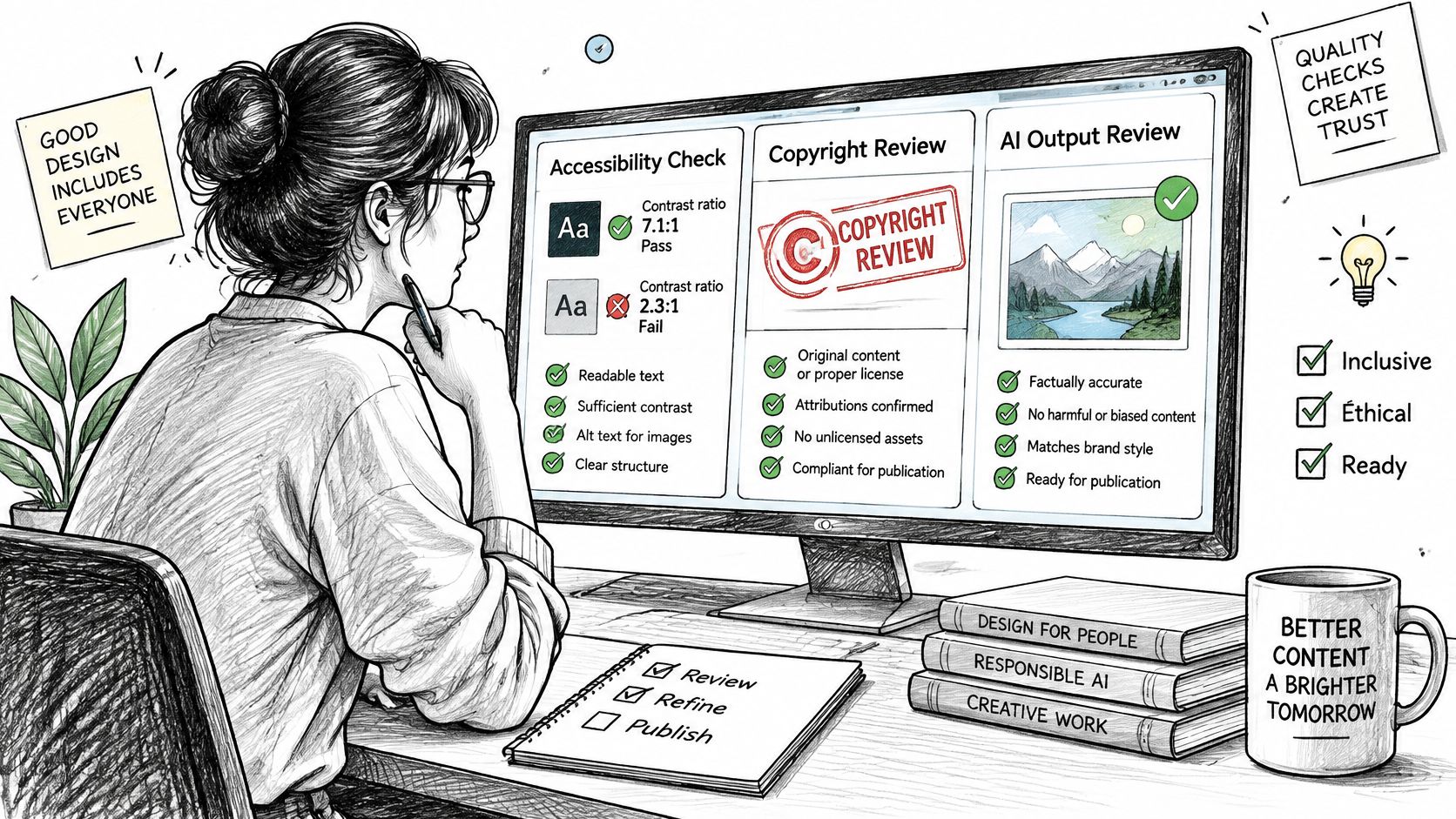 A designer reviews accessibility, copyright, and AI content on her computer screen in a bright workspace.
