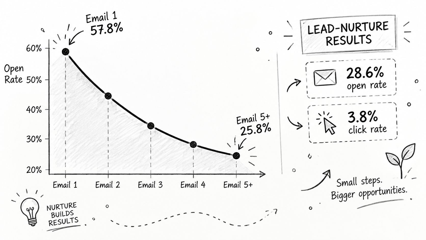A hand-drawn chart illustrating the decline of email open rates across a five-part marketing nurture campaign.