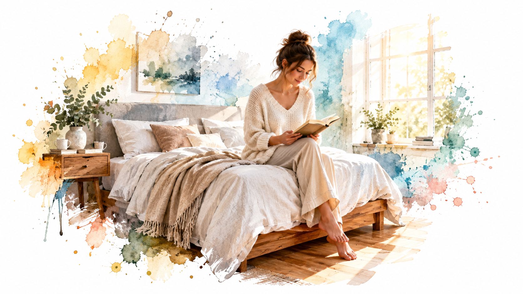 Una mujer joven relajada leyendo un libro en su cama cómoda en un dormitorio luminoso y acogedor.