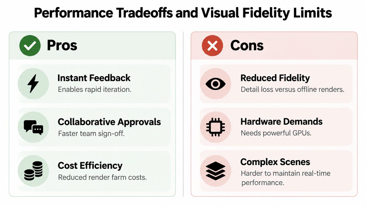 A comparison chart showing the pros and cons of real-time 3D rendering and visual fidelity performance tradeoffs.