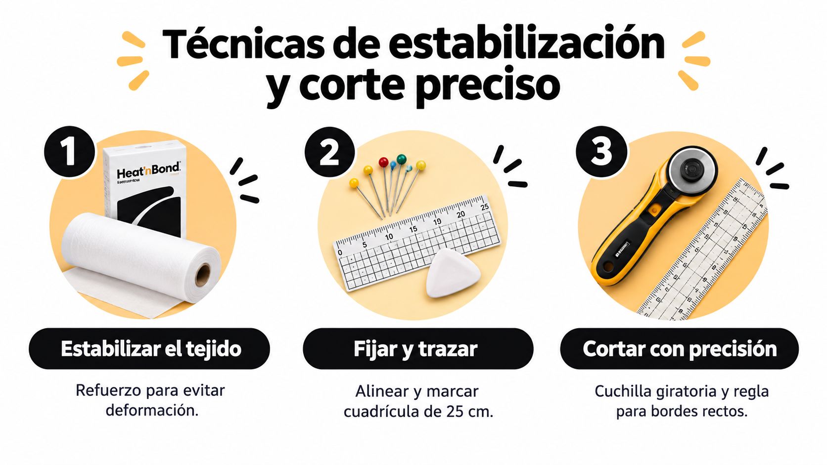 Infografía paso a paso sobre estabilización y técnicas de corte preciso para la confección de mantas de camisetas.