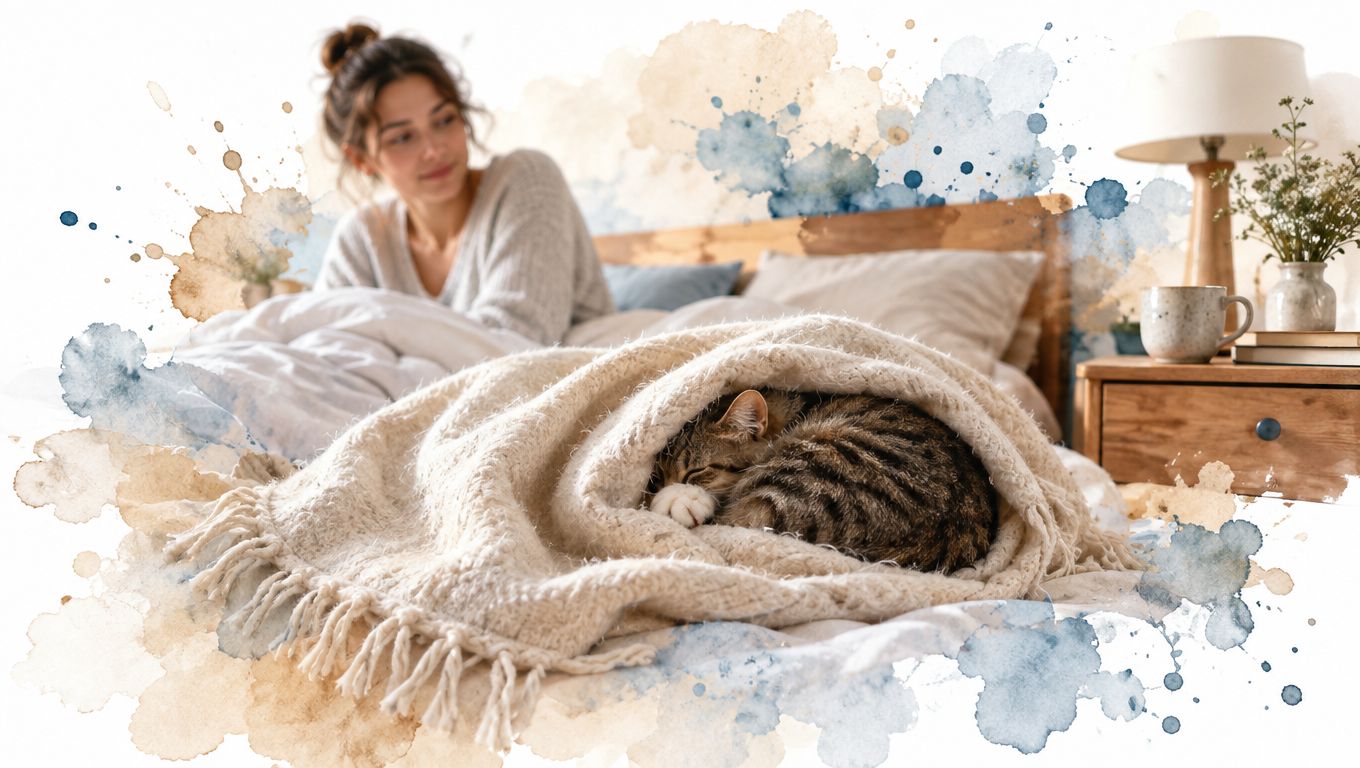 Una mujer joven sonríe mientras observa a su gato durmiendo cómodamente bajo una manta acogedora en la cama.