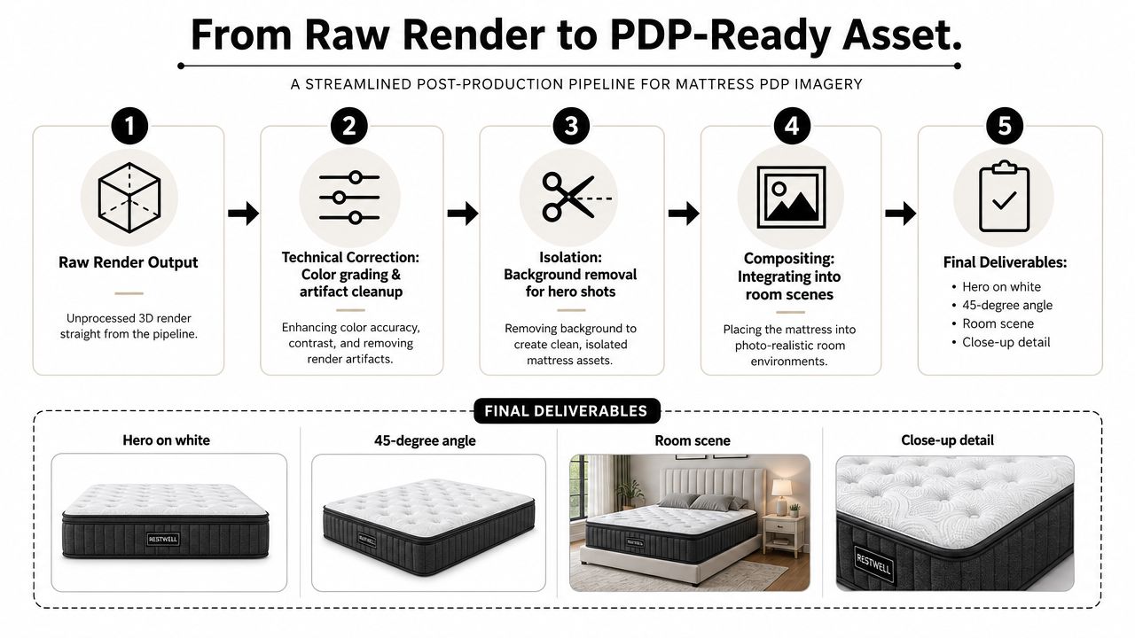An infographic detailing the five-step post-production pipeline from raw 3D mattress renders to final commercial assets.
