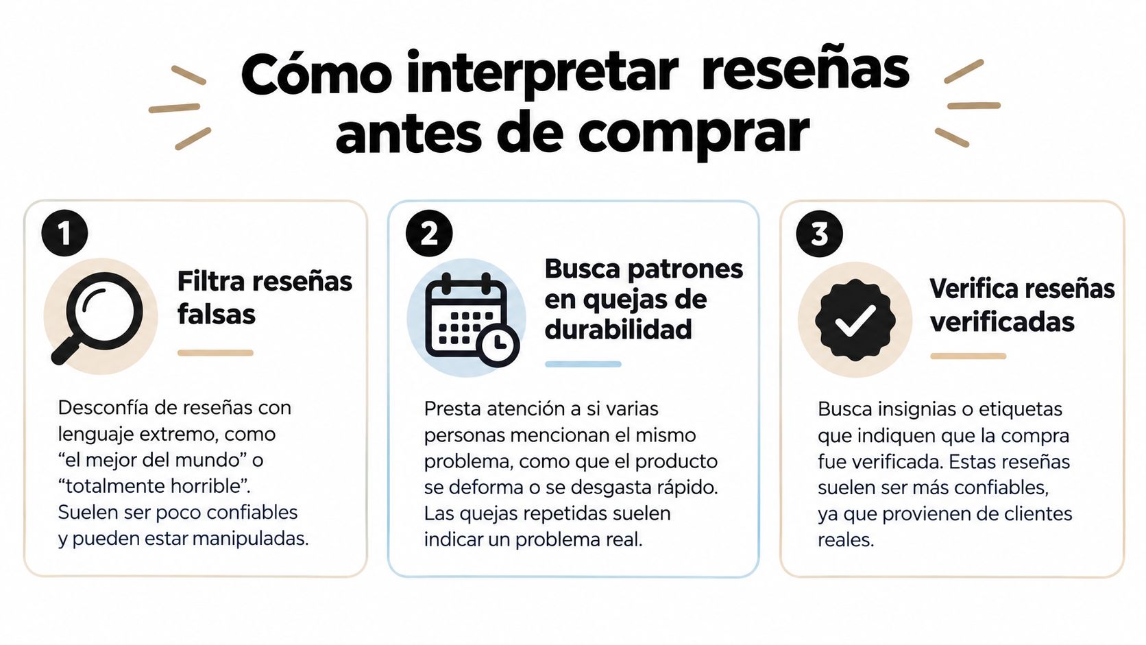 Una infografía educativa con tres consejos prácticos para interpretar reseñas de productos antes de realizar una compra.