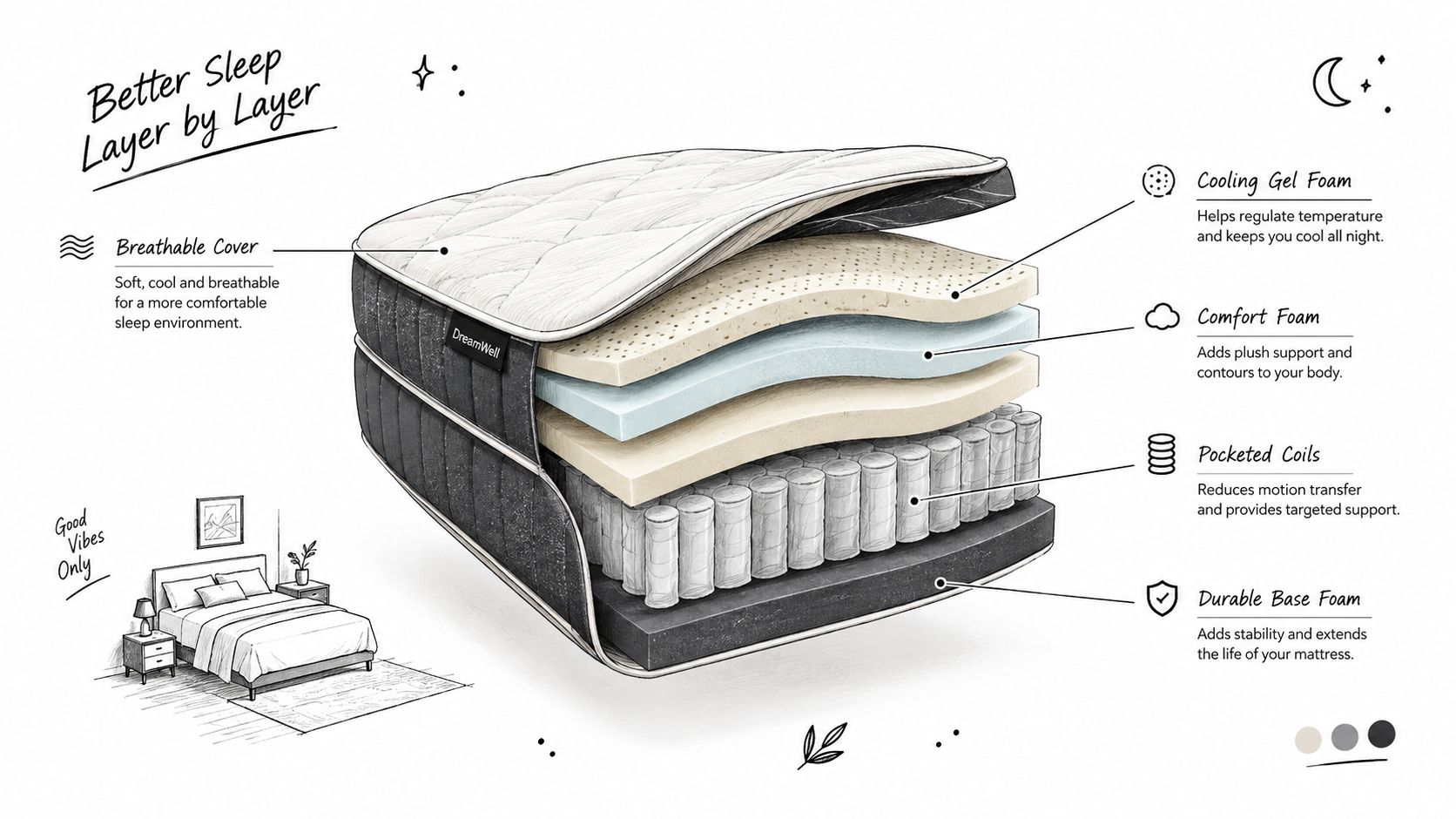 A detailed 3D diagram showing the layered construction of a DreamWell mattress including foam and coil layers.