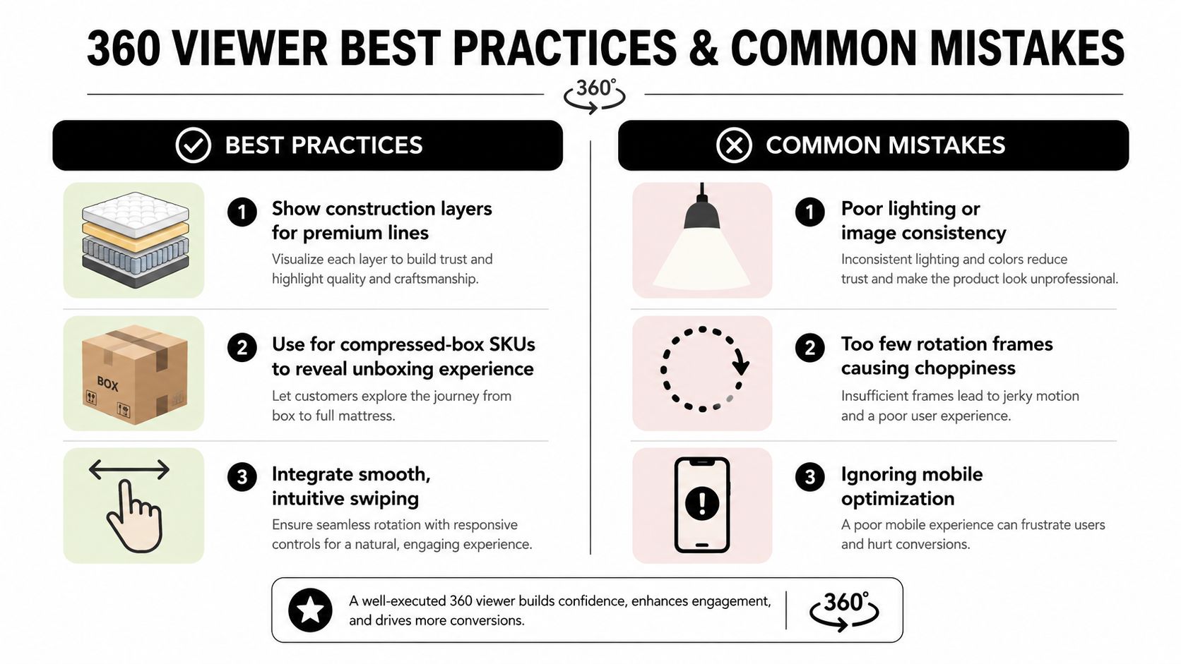 An infographic showing best practices and common mistakes when designing 360-degree product viewers for e-commerce websites.