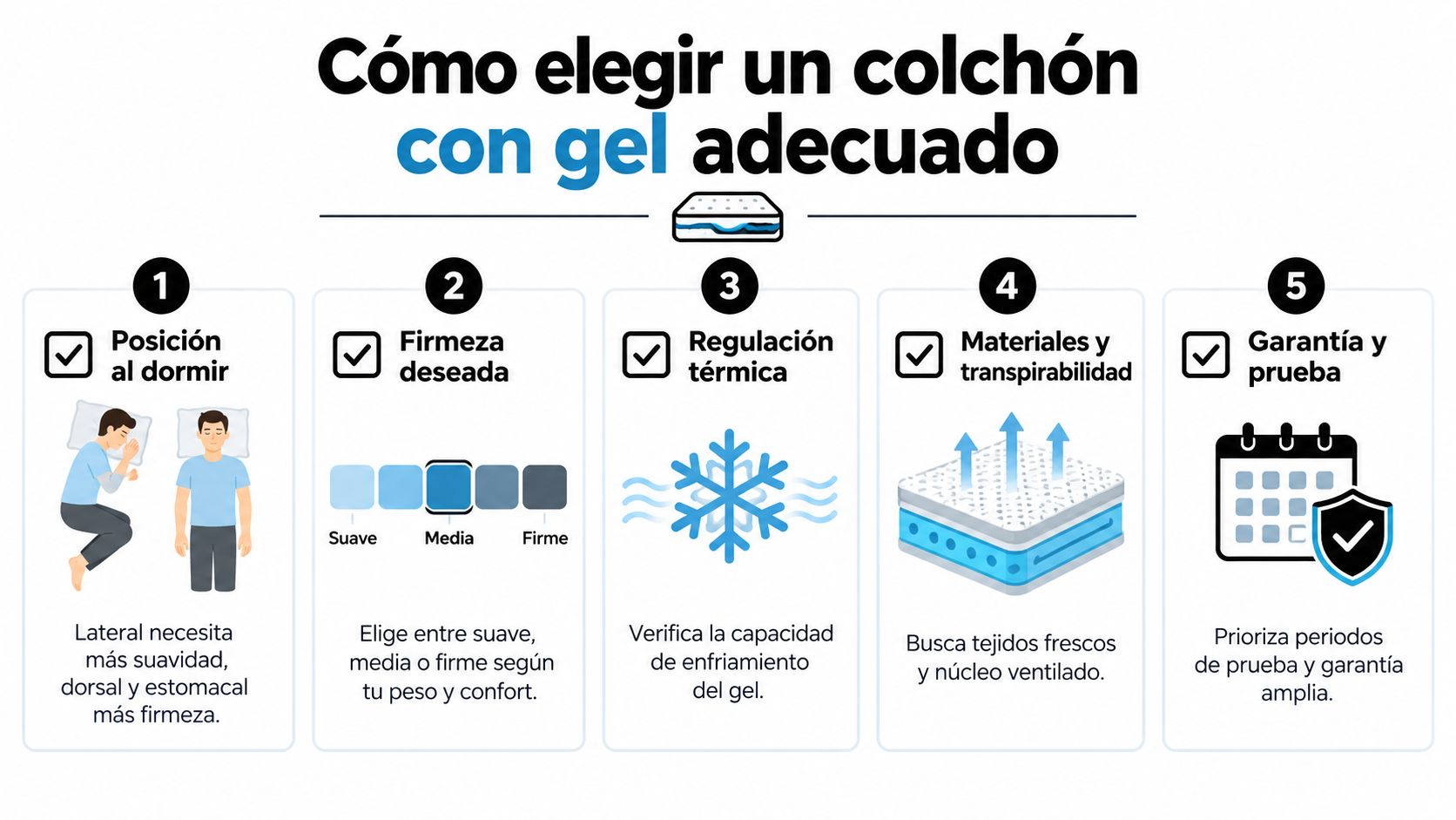 Infografía sobre cómo elegir el colchón con gel adecuado analizando cinco aspectos fundamentales para un mejor descanso.
