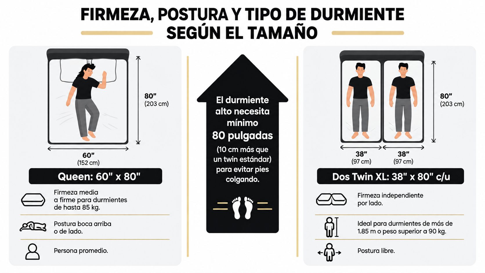 Comparativa de dimensiones, firmeza y recomendaciones de postura entre un colchón Queen y dos Twin XL.