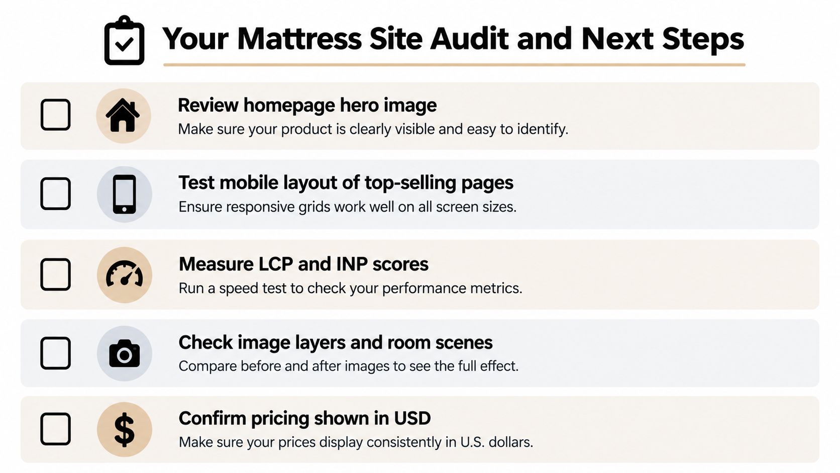 A checklist titled Your Mattress Site Audit and Next Steps containing five website optimization action items.